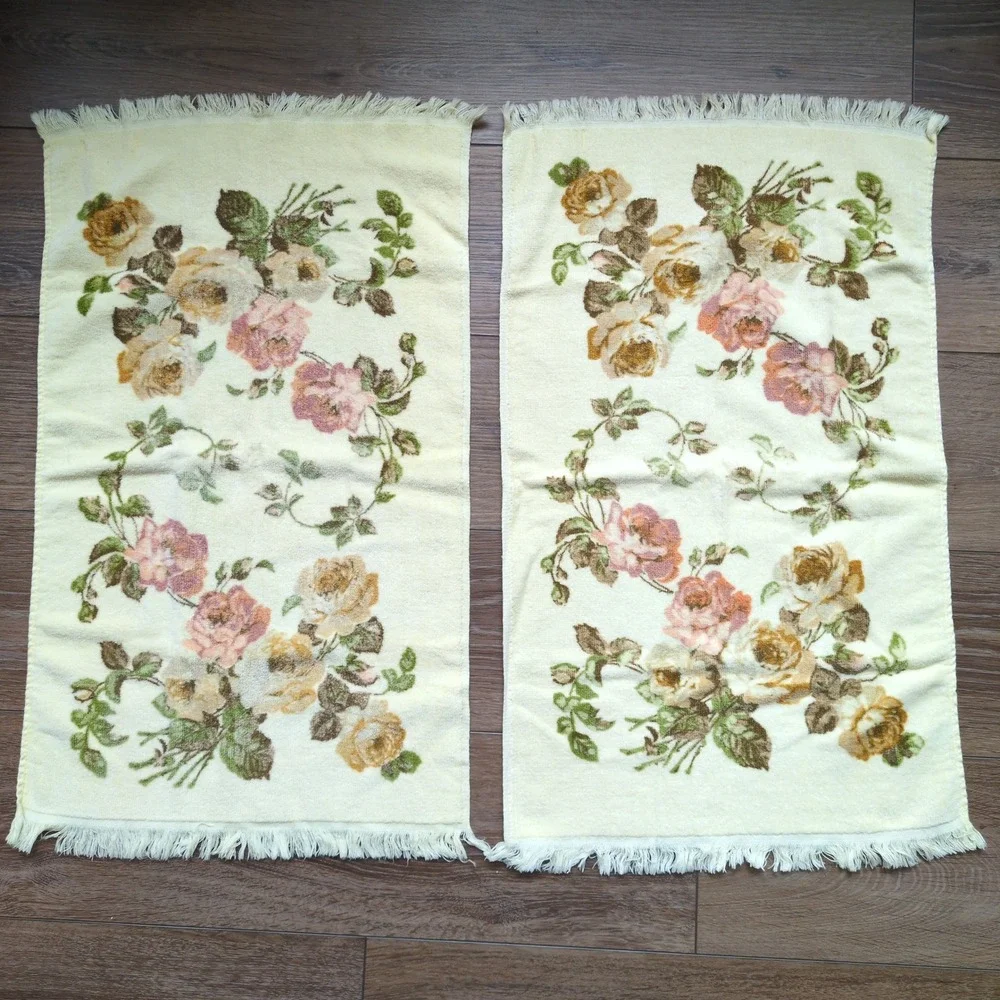 Vintage Cannon Royal Family 4pc Towel Set Yellow Floral Rose Fringed Bath Hand